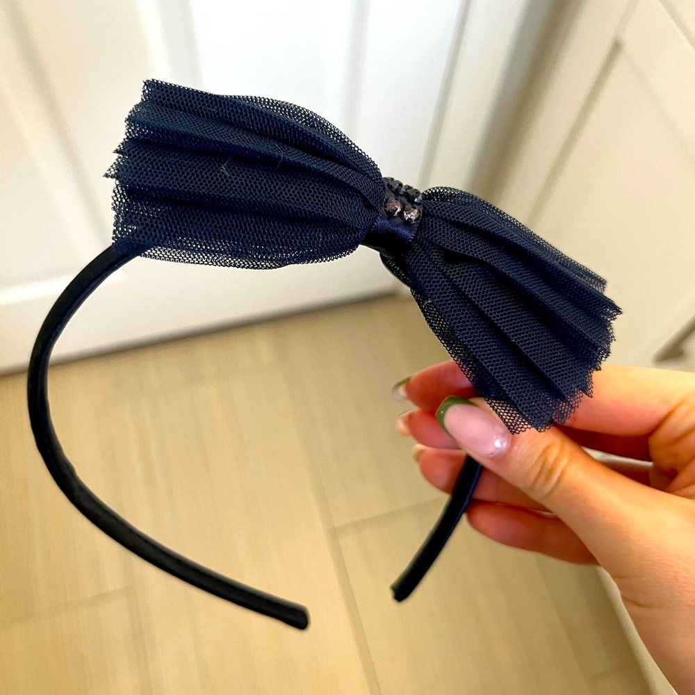 Girls tulle navy rhinestone bow headband
